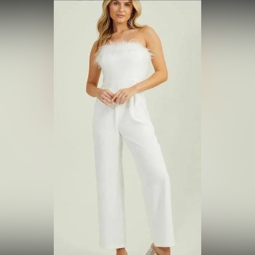Altar'd State Altar’s State Farah Feather Trim Jumpsuit Bridal  size small NWT